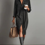 Isla Charcoal™ Vintage Corduroy Midi Shirt Dress