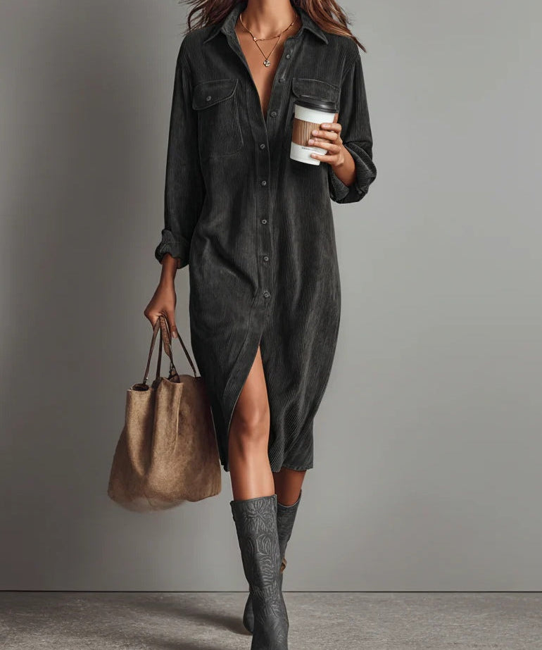 Sienna Soft Corduroy Button-Down Midi Dress