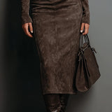 Marcelle Luxe™ | Contour Suede Turtleneck Midi Dress
