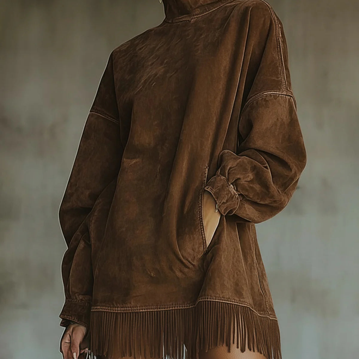 Savana Fringe™ | Vintage Suede Turtleneck Mini Dress