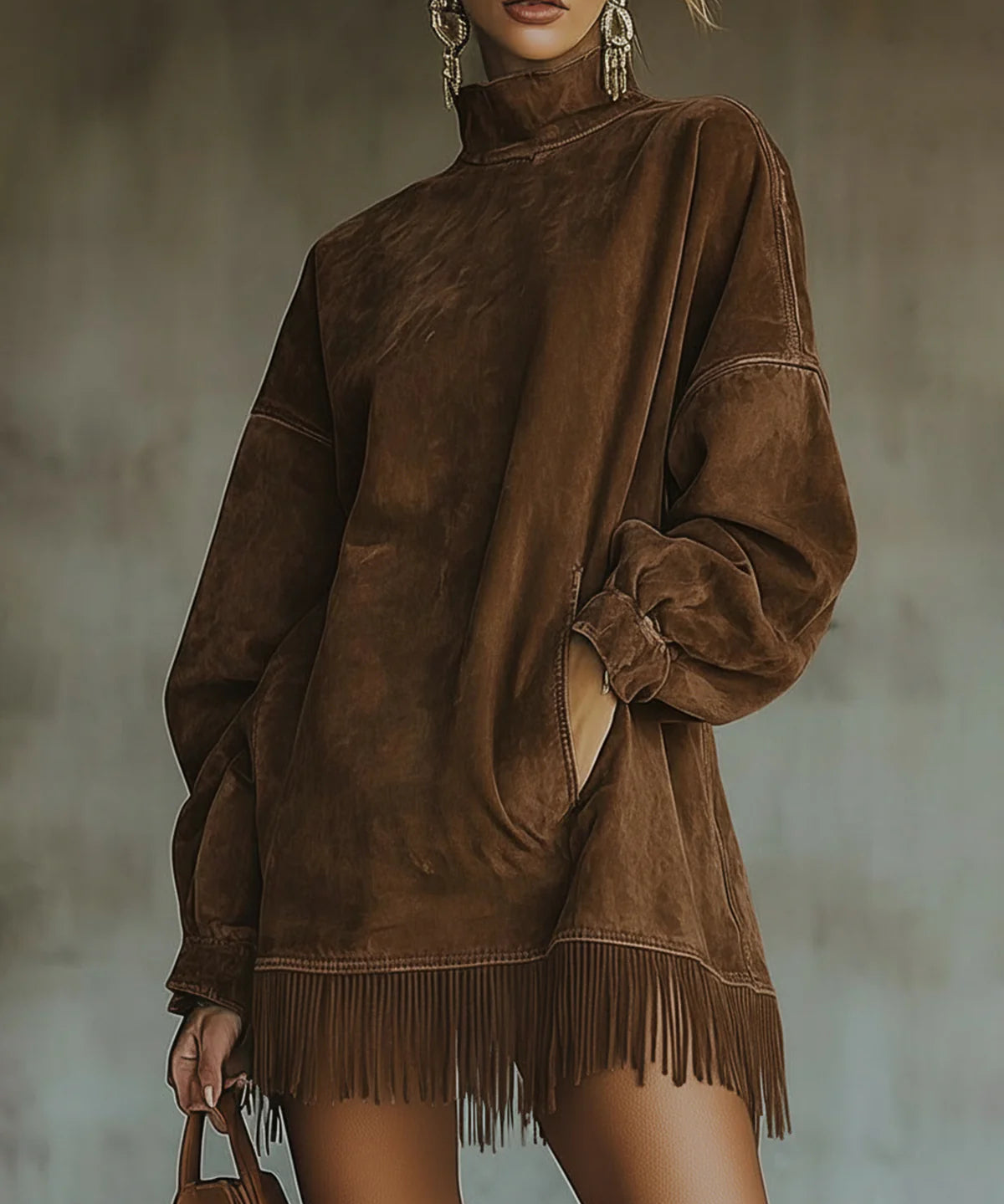 Savana Fringe™ | Vintage Suede Turtleneck Mini Dress