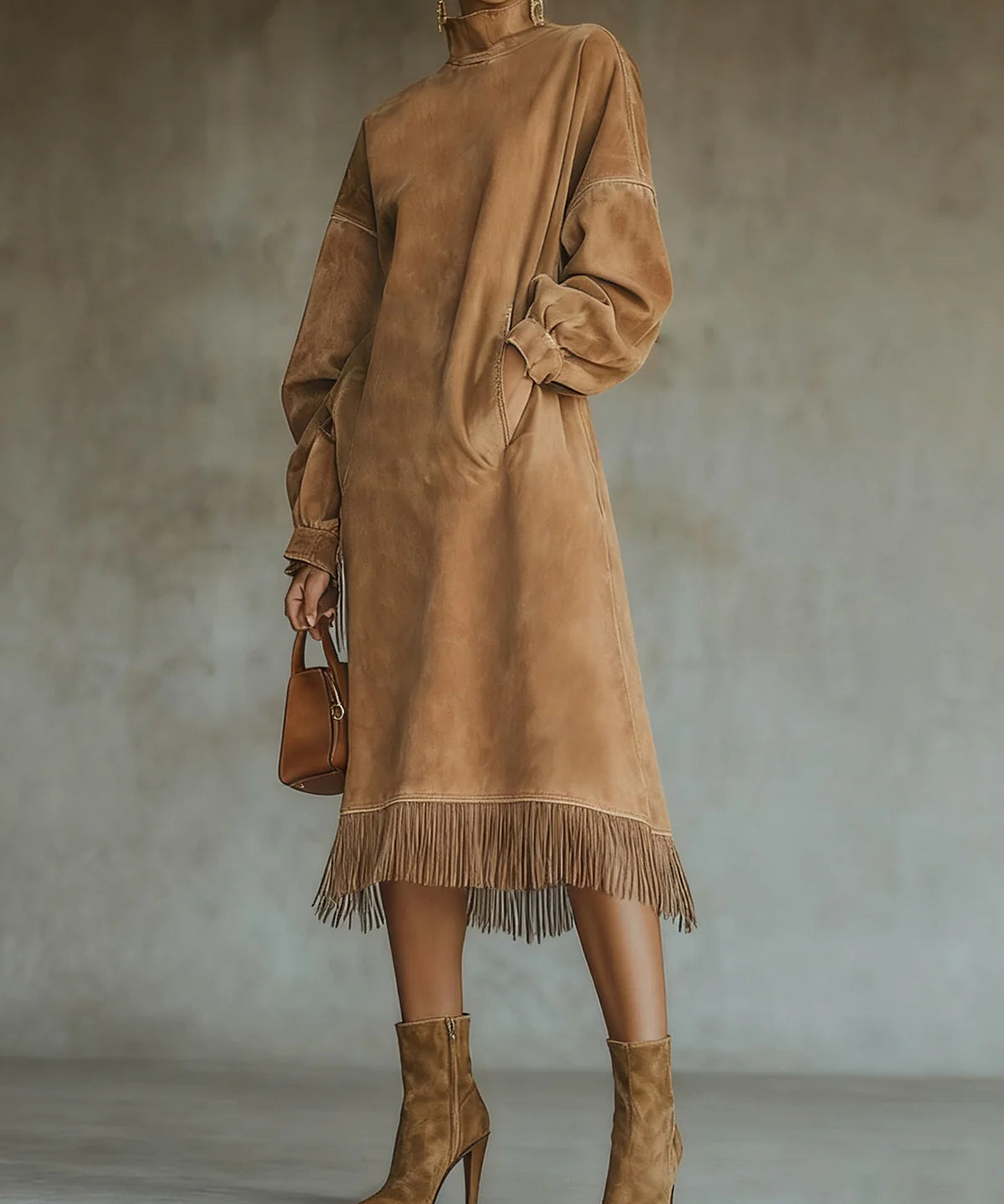 Aurelia Fringe™ | Vintage Suede High-Neck Midi Dress