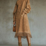 Aurelia Fringe™ | Vintage Suede High-Neck Midi Dress