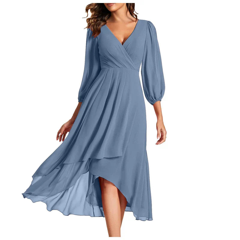 VITTORIA | Elegant dress with asymmetric hem and flowing sleeves. Refined look for any occasion