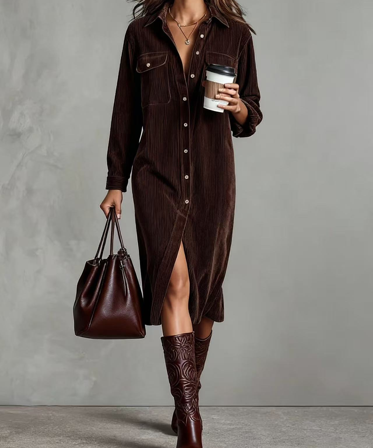 Isla Charcoal™ Vintage Corduroy Midi Shirt Dress