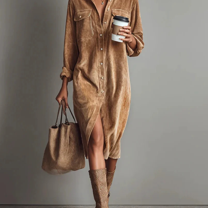 Isla Charcoal™ Vintage Corduroy Midi Shirt Dress