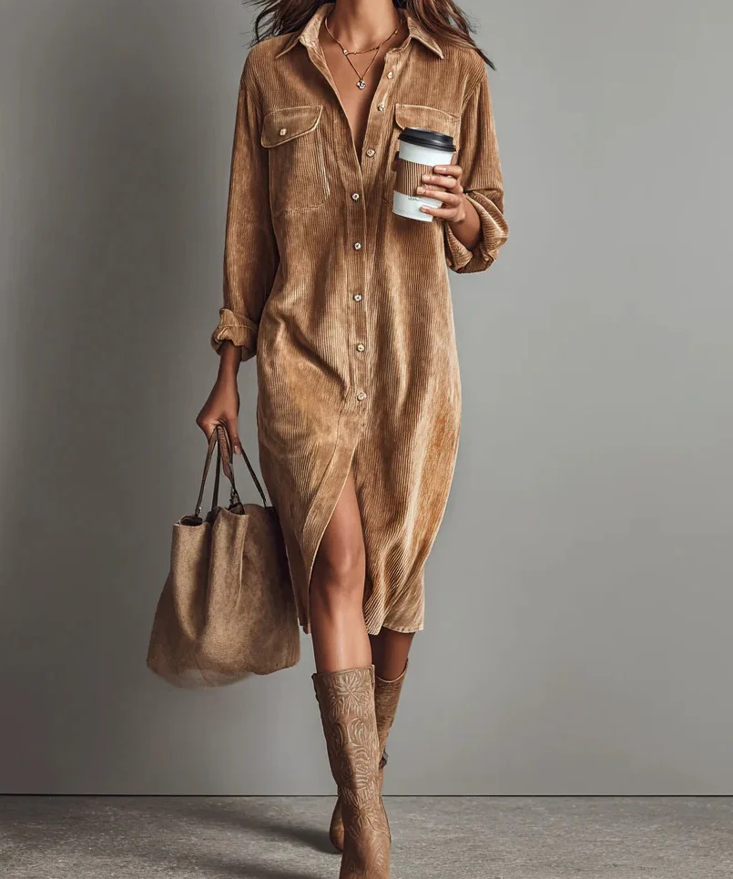 Isla Charcoal™ Vintage Corduroy Midi Shirt Dress