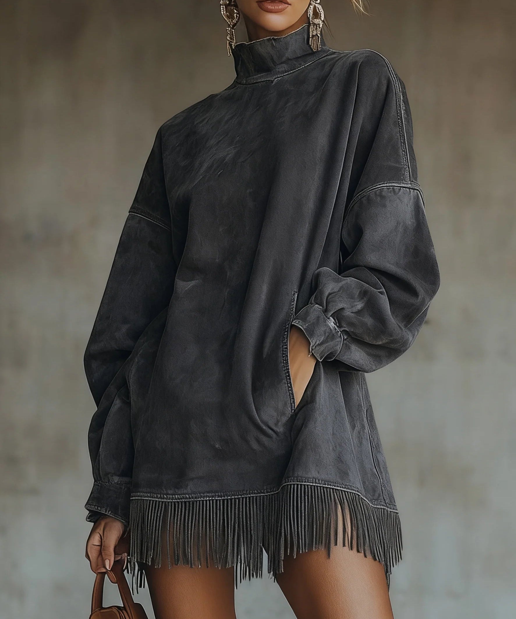 Savana Fringe™ | Vintage Suede Turtleneck Mini Dress