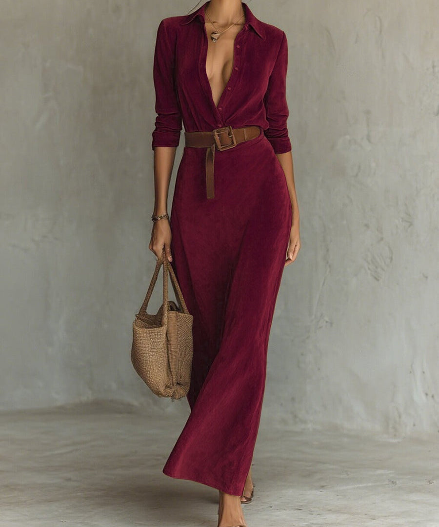 Solaire Suede™ | Elegant Vintage Maxi Shirt Dress