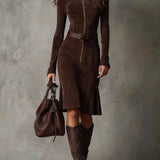 Cambria Luxe Suede Zip-Front Midi Dress