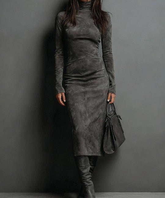 Marcelle Luxe™ | Contour Suede Turtleneck Midi Dress