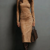 Marcelle Luxe™ | Contour Suede Turtleneck Midi Dress