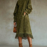 Aurelia Fringe™ | Vintage Suede High-Neck Midi Dress